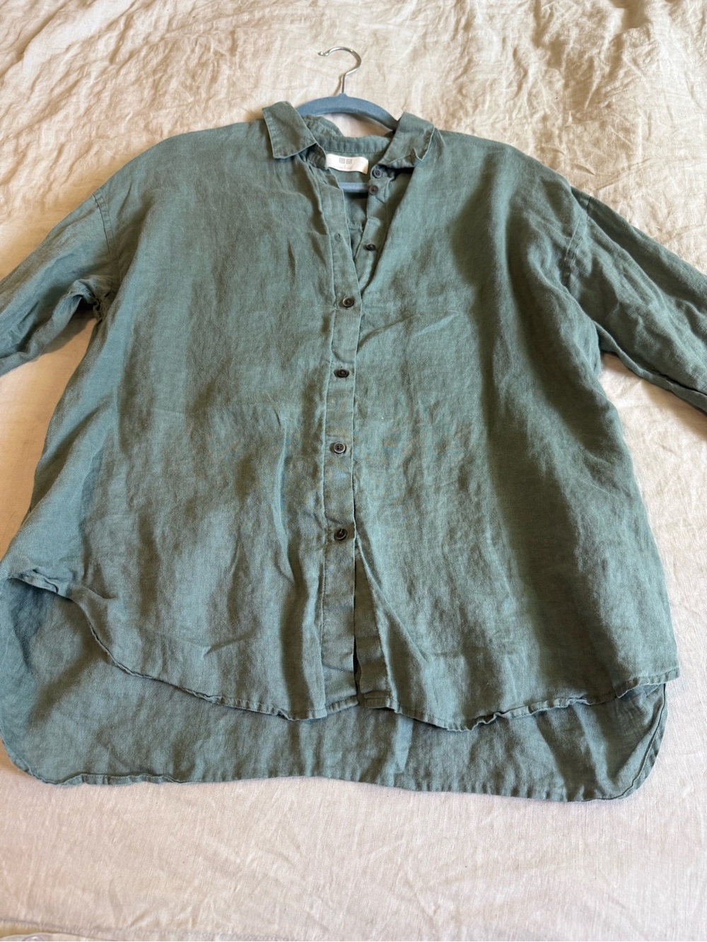 Button-Front 100% Linen Shirt in Sage Green